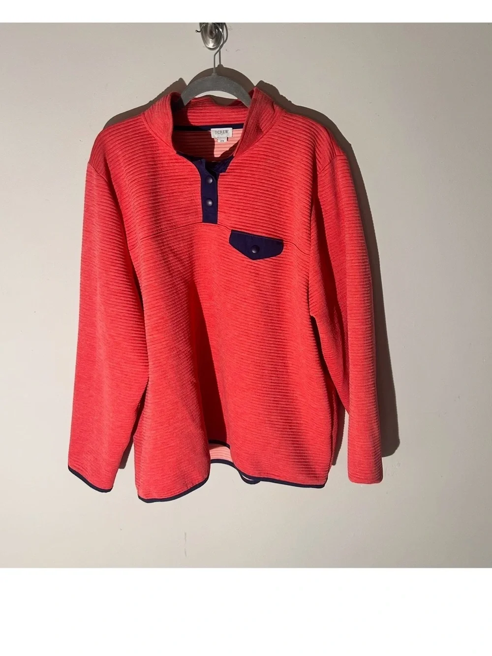 J Crew Coral Pullover Top with Navy Trim